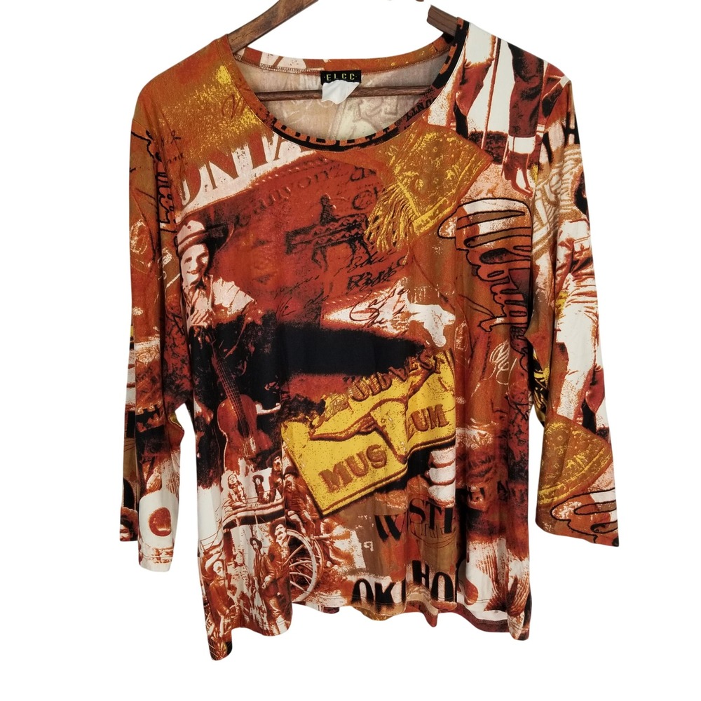 ELCC Womens Western Cowgirl‎ Rodeo Print 3/4 Sleeve Scoop Neck Top Oklahoma 2XL